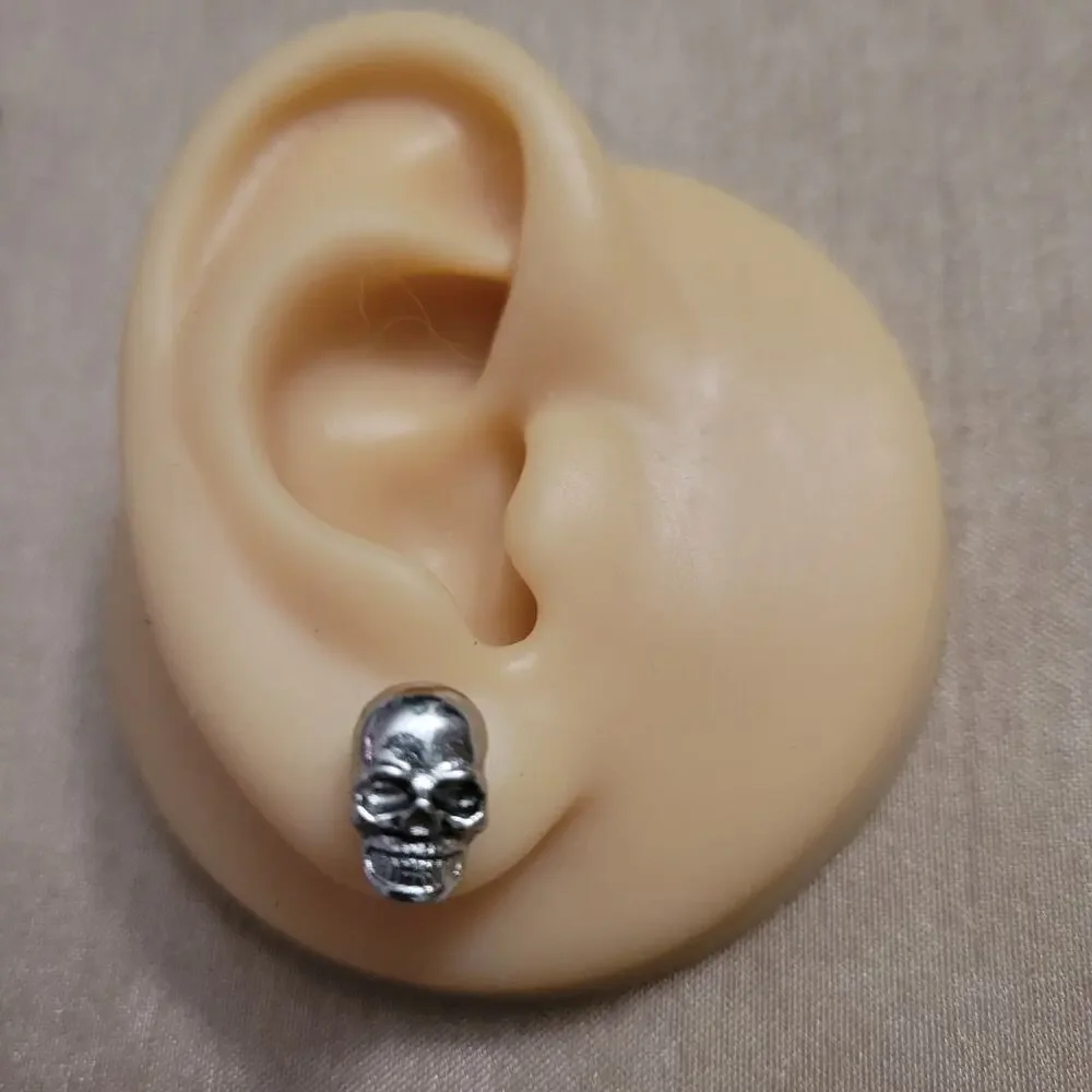 Gothic skull face silver tone post stud earrings